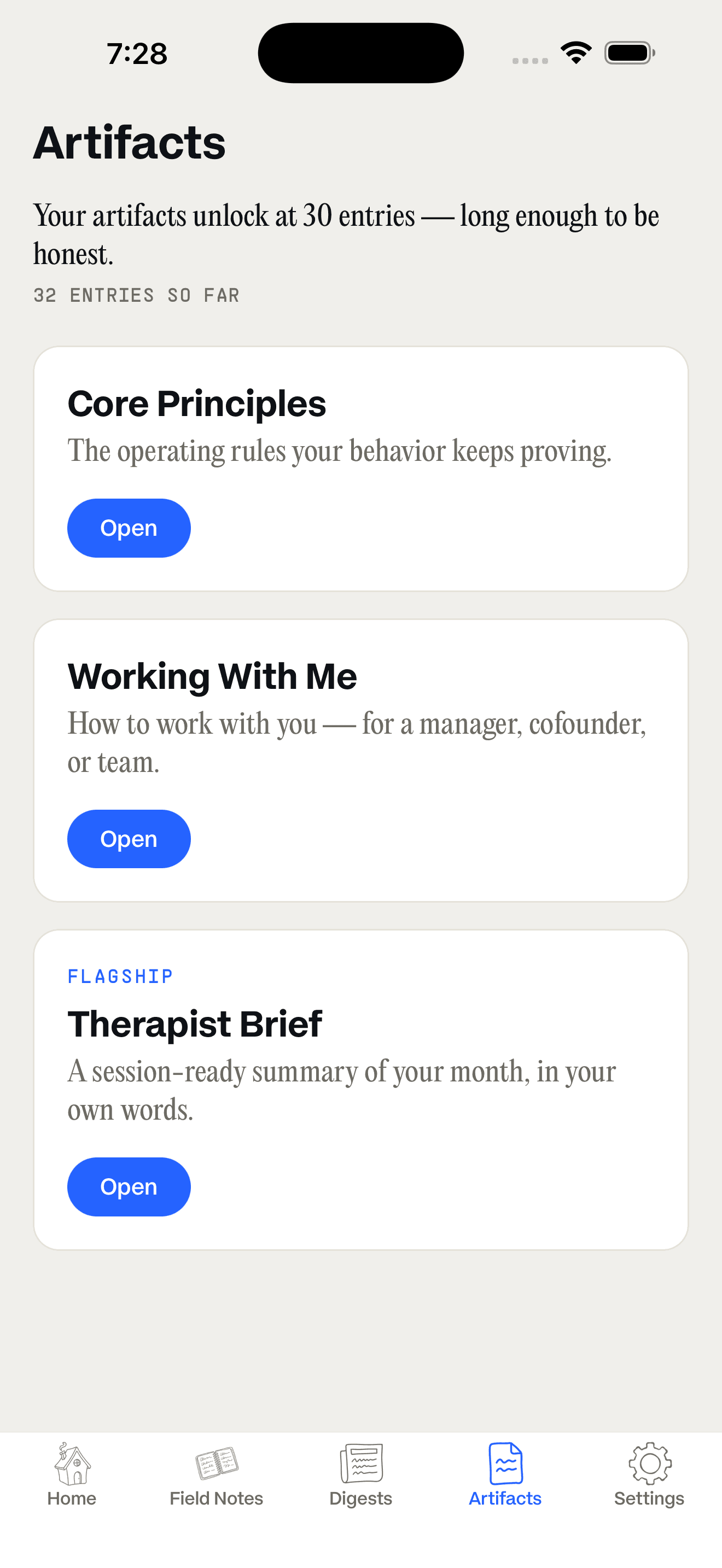 Marrow Artifacts screen listing three documents — Core Principles, Working With Me, and a flagship Therapist Brief — each unlocked after 30 entries with an Open button.